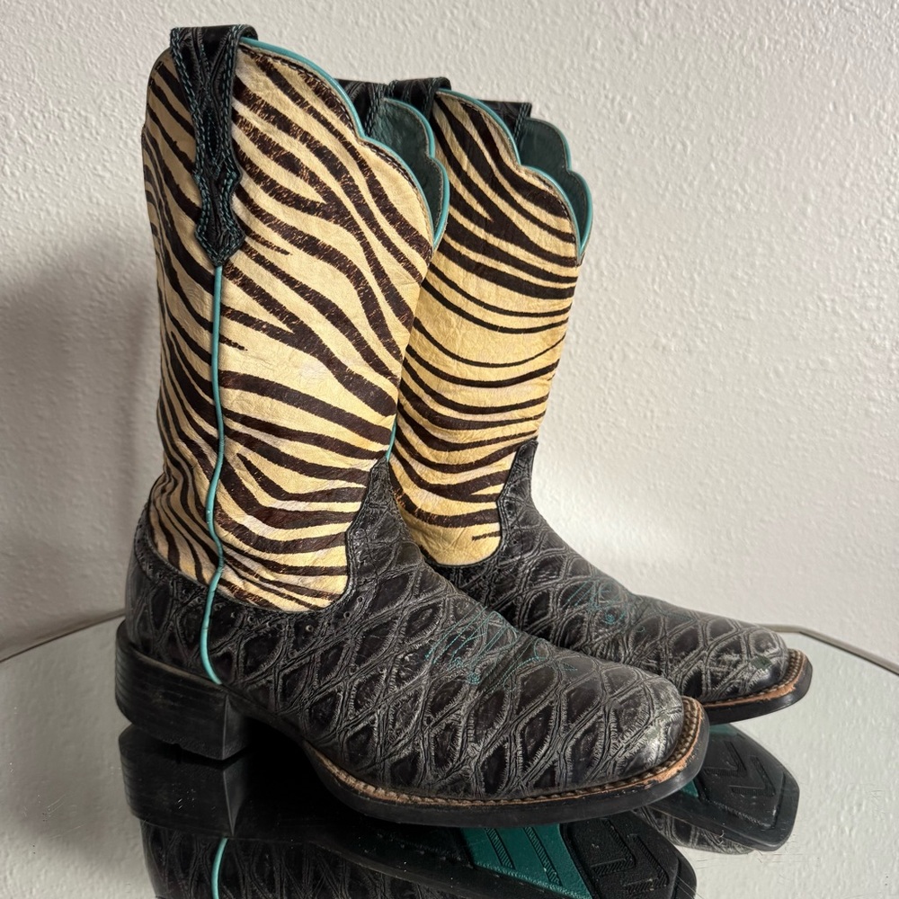 ARIAT Black White Teal Zebra Leather Quickdraw Anteater Western Cowboy Boots